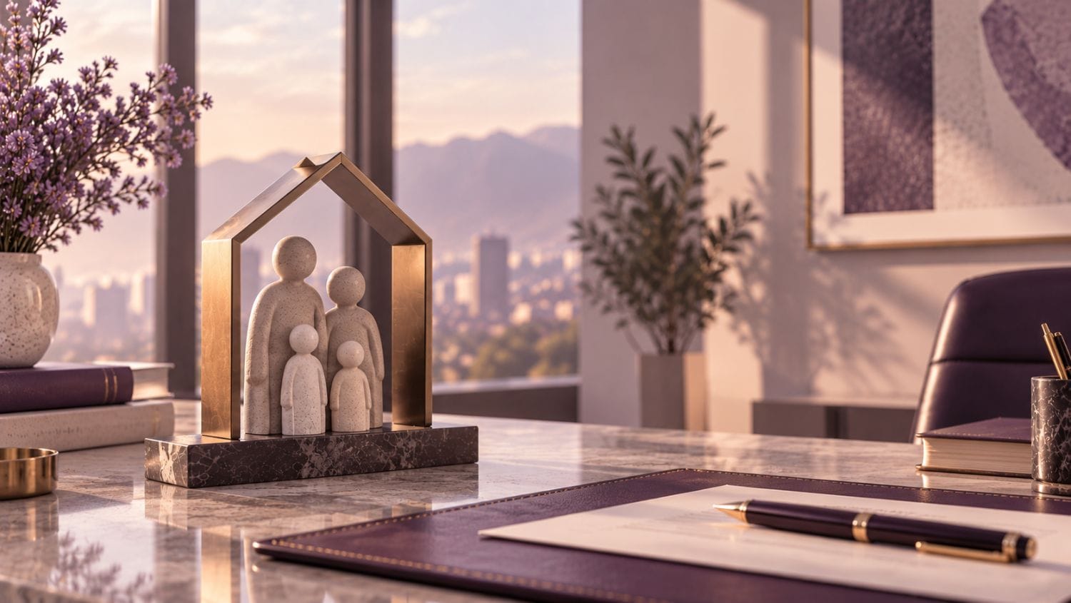 Figuras de piedra de una familia bajo un marco dorado en forma de casa, sobre un escritorio de mármol